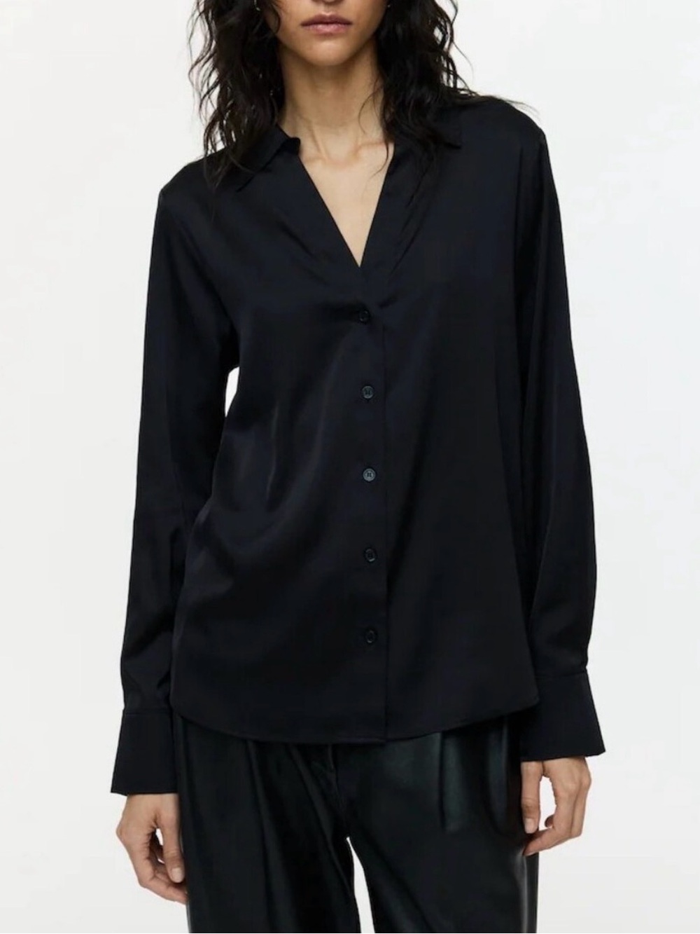 H&M Elegant Black Button-Up Blouse Satin Poly M new w/ tag